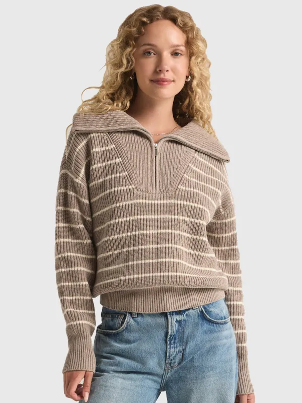 Z-Supply Villa Half Zip Stripe Sweater - HEATHER TAUPE sold by Sun Diego Boardshops