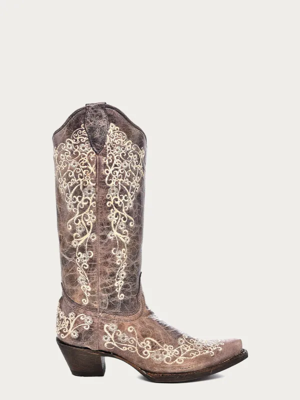 Corral Boots WOMEN'S BONE COLOR FLORAL EMBROIDERY COWBOY BOOT - BROWN sold by Sun Diego Boardshops