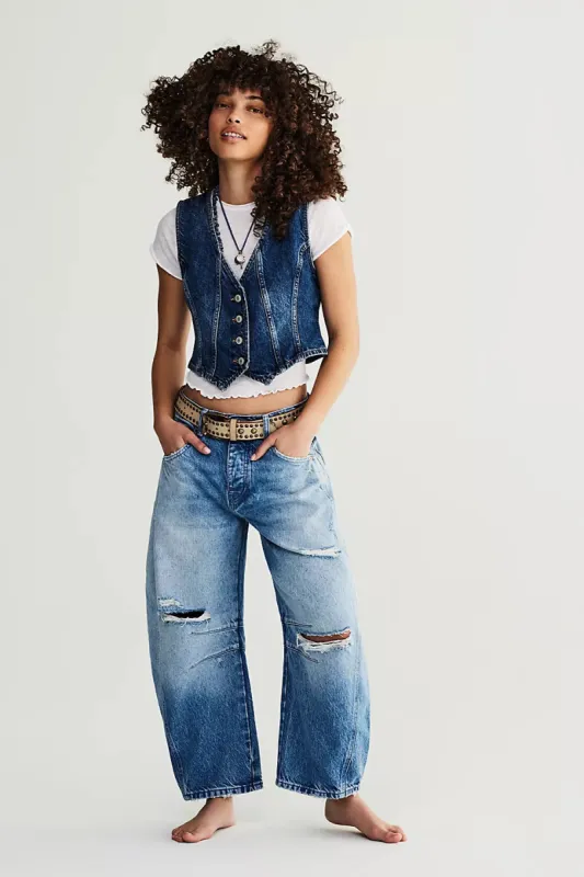 Free People We The Free Good Luck Mid-Rise Barrel Jeans - BARNYARD BLUE sold by Sun Diego Boardshops