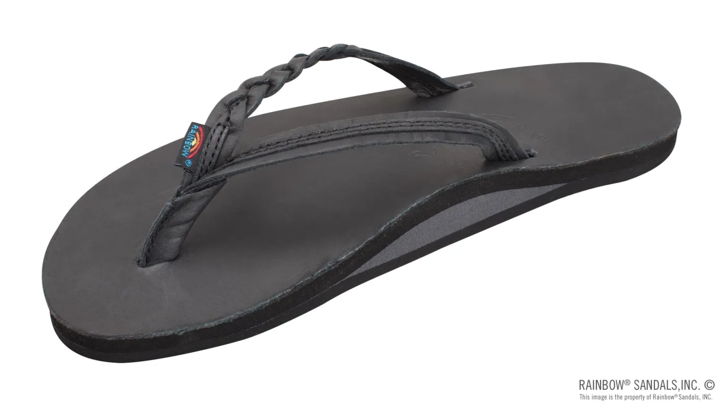 RAINBOW SANDALS Women's Flirty Braidy Sandal - Single Layer Classic Leather 1/2" Narrow Strap with Braid - CLASSIC BLACK sold by Sun Diego Boardshops