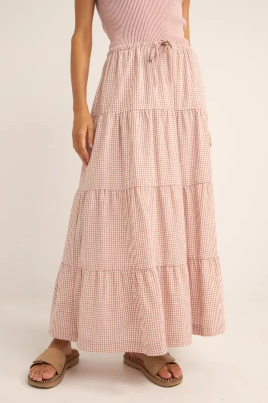 Rhythm Lola checkered tiered maxi skirt - DUSTY PINK sold by Sun Diego Boardshops