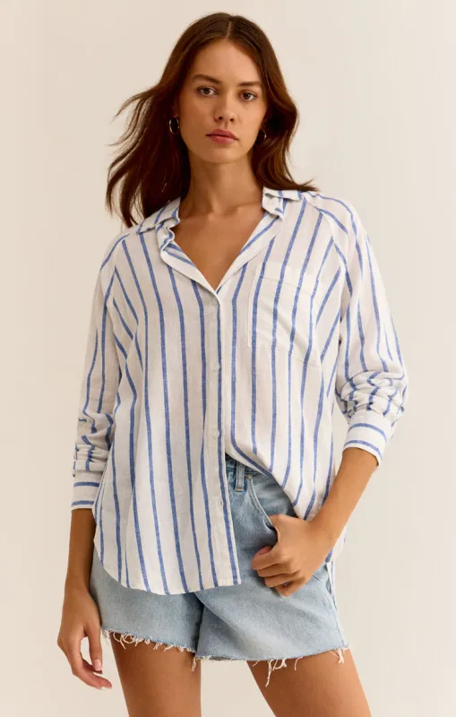 Z-Supply Perfect Linen Stripe Top - PALACE BLUE sold by Sun Diego Boardshops