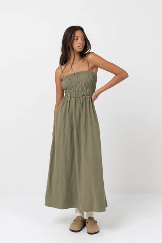 Rhythm Classic Shirred Midi Dress - Olive sold by Sun Diego Boardshops