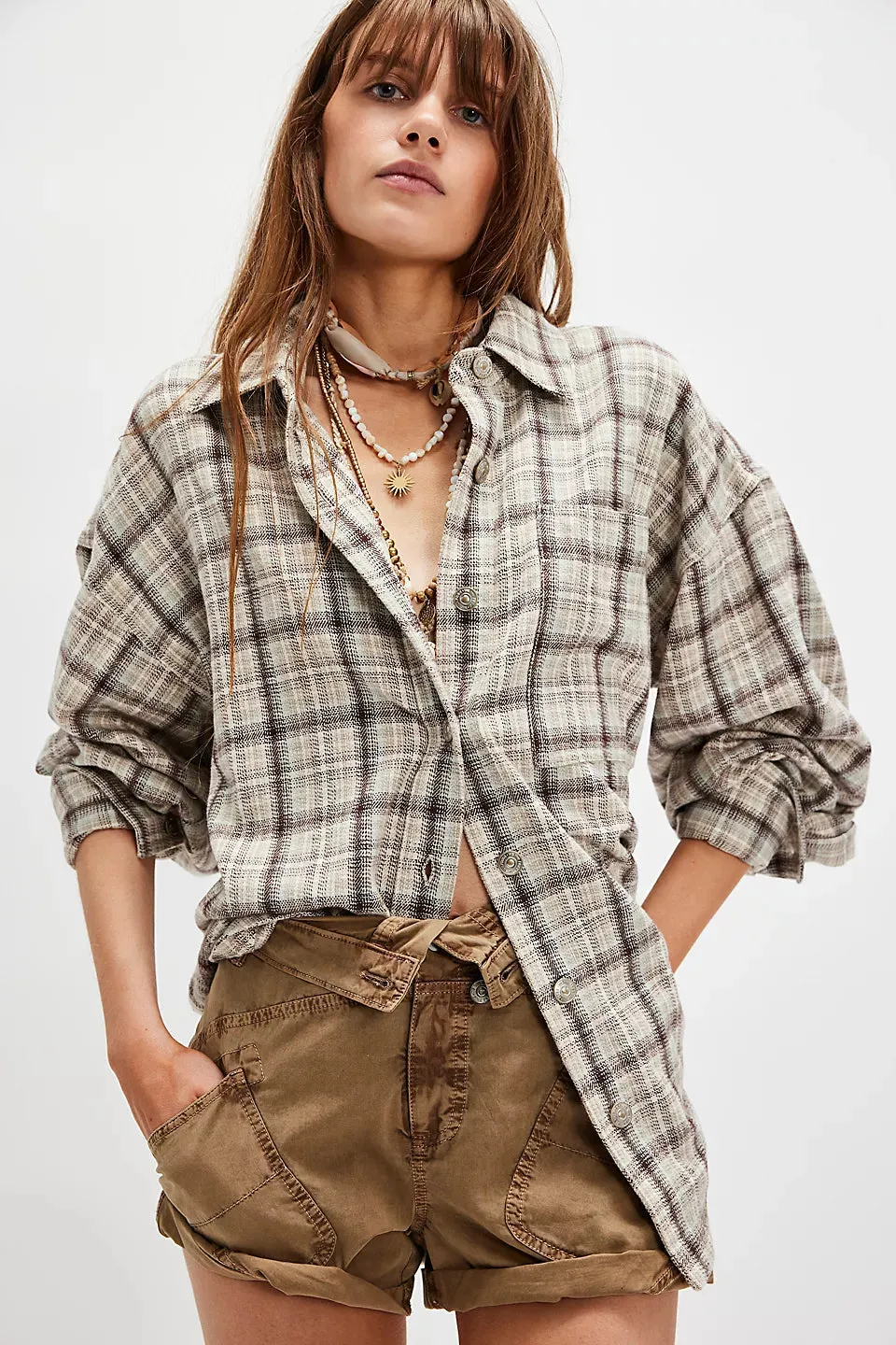 Free People We The Free Ashley Plaid Shirt - Ivory Combo - Krista sold by Sun Diego Boardshops