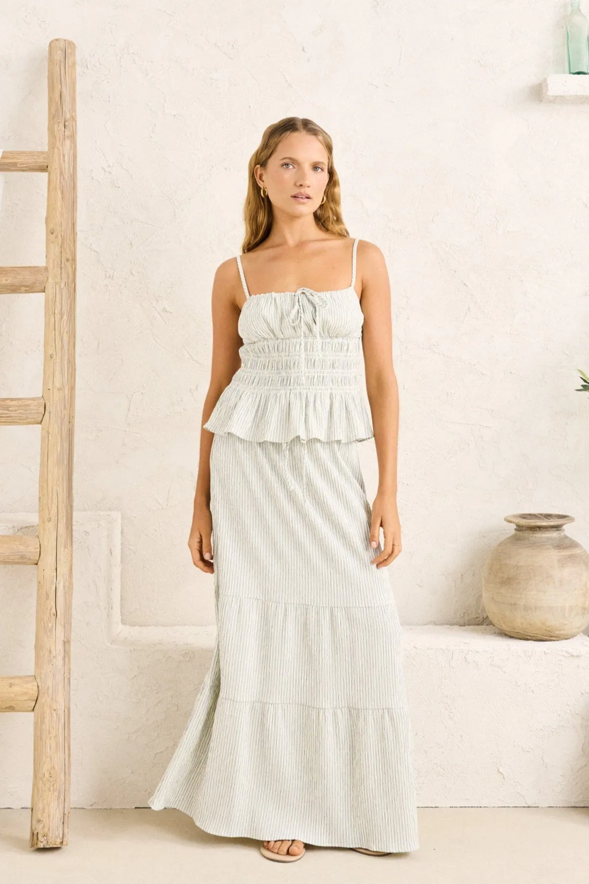 Rhythm Driftwood Stripe Ruffle Maxi Skirt - Cream sold by Sun Diego Boardshops