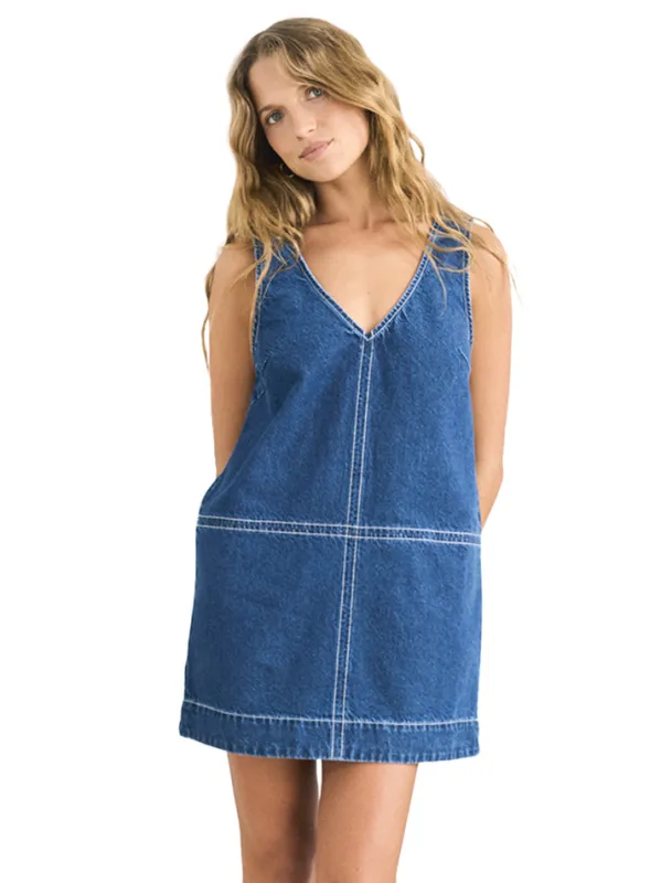 Rhythm Cece Contrast Stitch Mini Dress - Dark Denim sold by Sun Diego Boardshops
