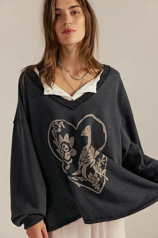 Free People We The Free Venice V-Neck Graphic Sweatshirt - Black Bird Combo sold by Sun Diego Boardshops