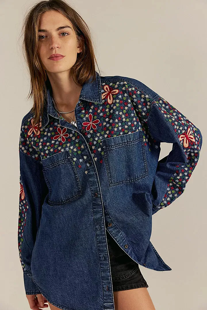 Free People Rainbow Embroidered Denim Top - Rinse Wash sold by Sun Diego Boardshops