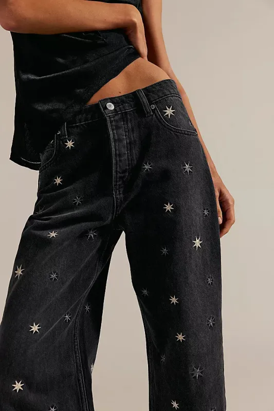 Free People We The Free Deep Trance Shine Embroidered Dropped Boyfriend Jeans - Starry Night sold by Sun Diego Boardshops