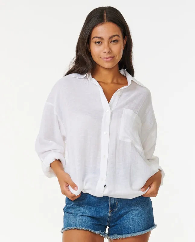 Rip Curl Premium Linen Long Sleeve Button Through Shirt - White 1000 made by Ripcurl