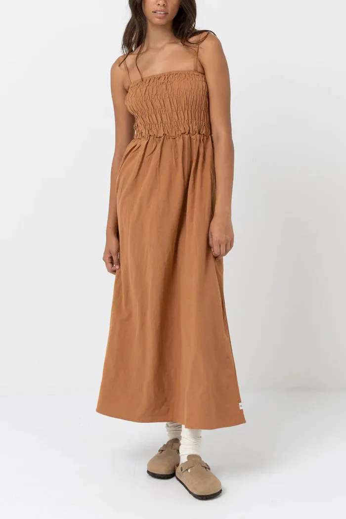 Rhythm Classic Shirred Midi Dress - Caramel sold by Sun Diego Boardshops