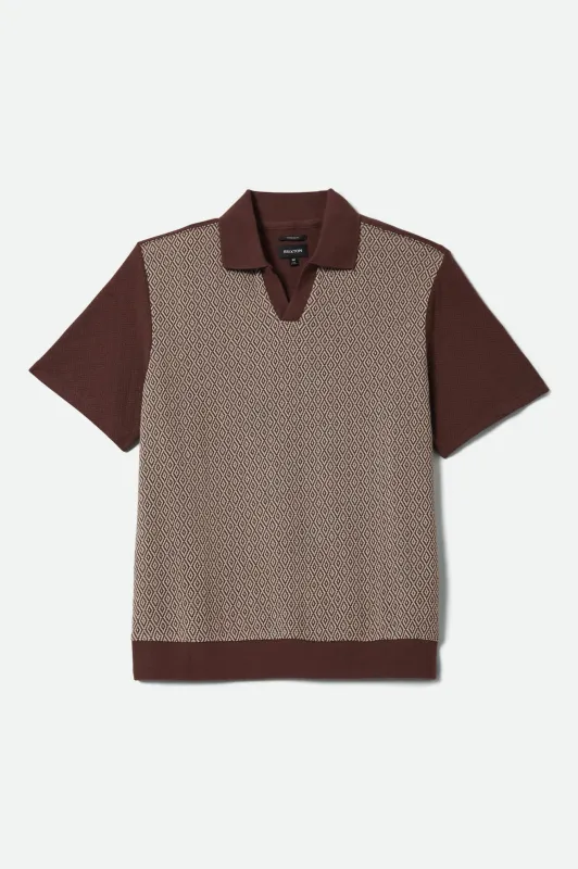 Brixton Men's Theo Jacquard Short Sleeve Polo - Chocolate/Off White made by Brixton