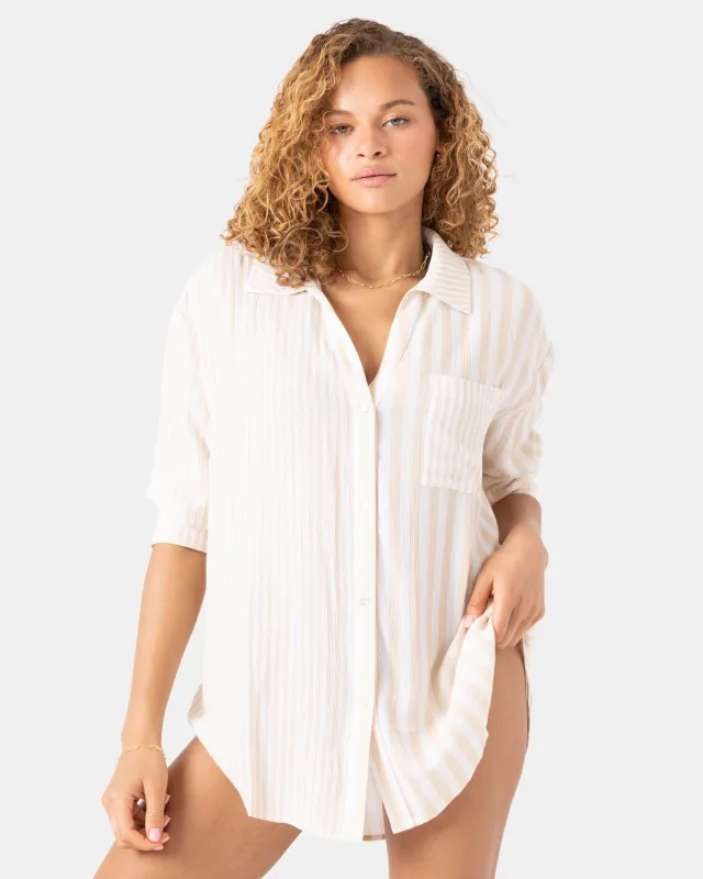 Roxy Women's Stripe Out Cover Up Shirt - Egret Ert made by Roxy
