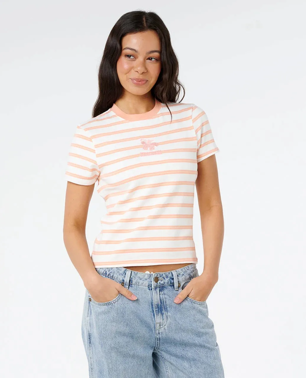 Rip Curl Women's Half Moon Bay Fitted Tee - Papaya Stripe sold by Sun Diego Boardshops