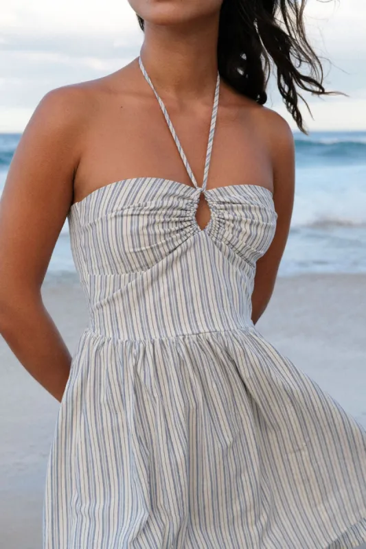 Rhythm Haven Halter Mini Dress - Blue Stripe sold by Sun Diego Boardshops