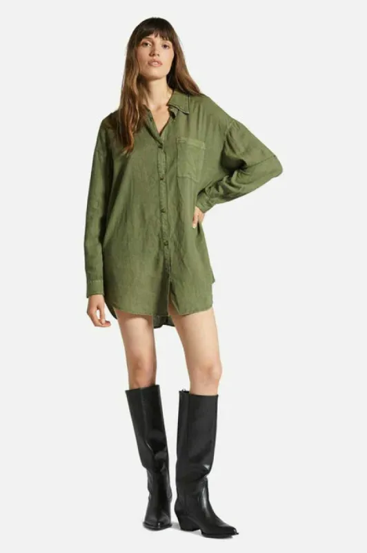 Brixton VINTAGE LINEN L/S WOVEN SHIRTDRESS - SEA KELP sold by Sun Diego Boardshops