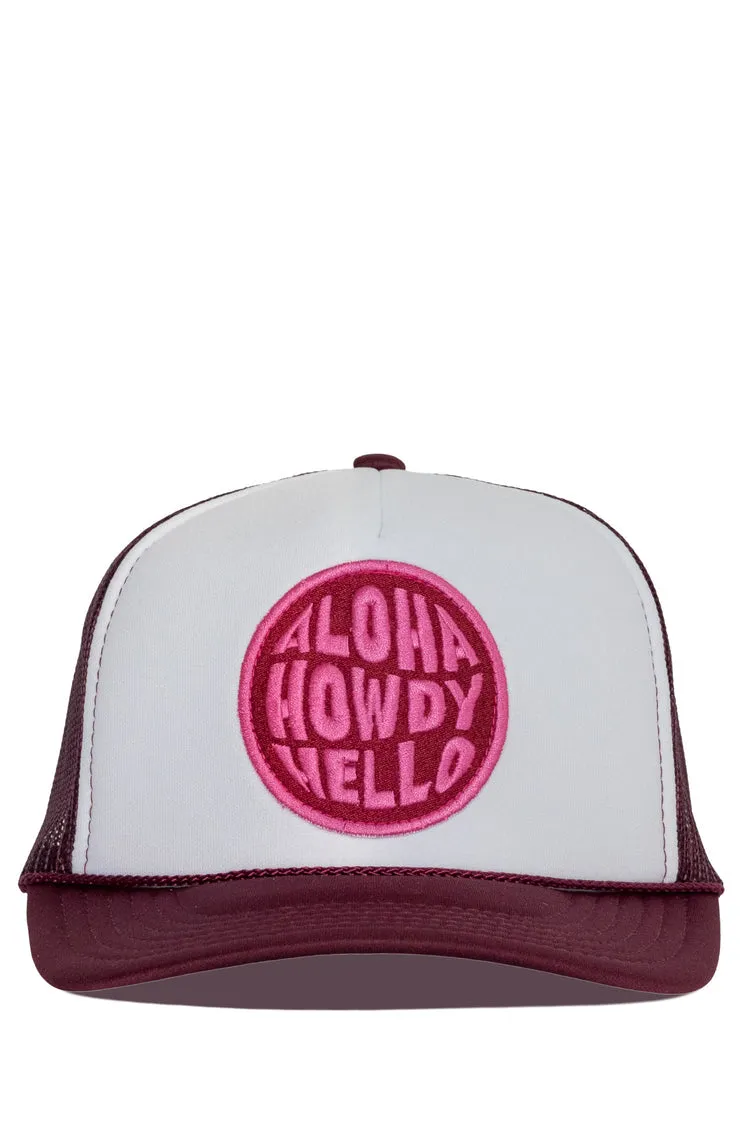 That Friday Feeling Aloha Howdy Hello Trucker Hat - MAROON SPLIT sold by Sun Diego Boardshops