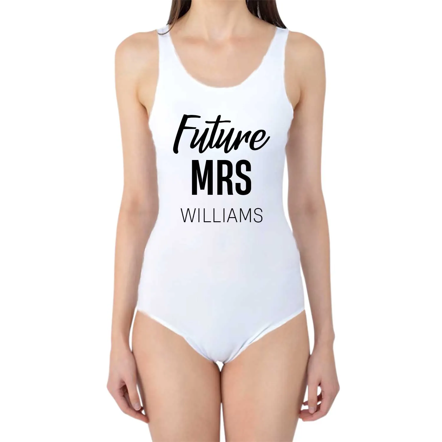 Future Mrs *Name* Personalised White Swimsuit sold by Super Socks