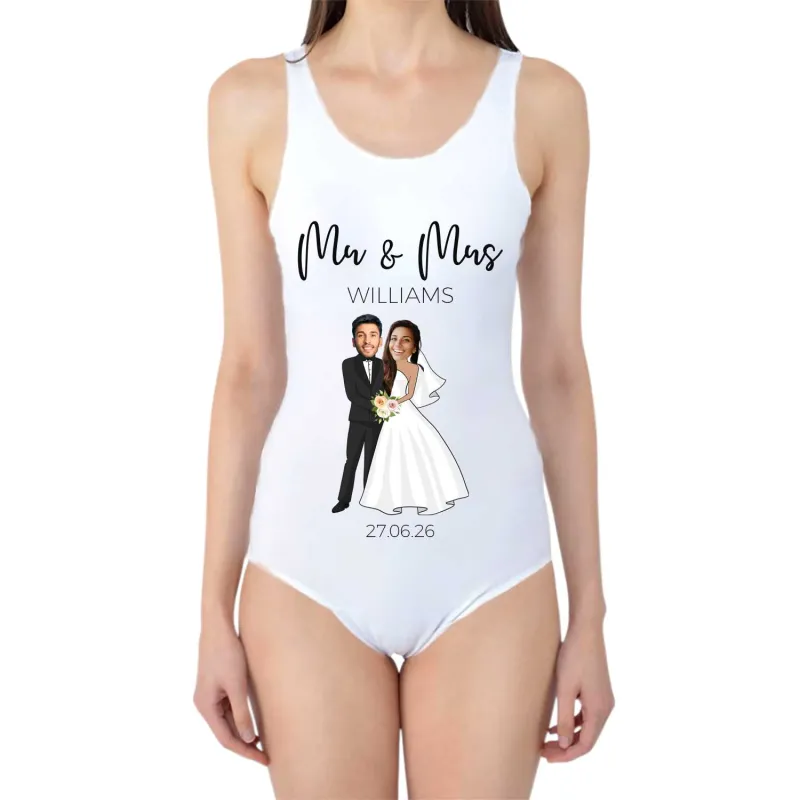 Bride and Groom Faces Swimsuit Personalised With Name and Date sold by Super Socks