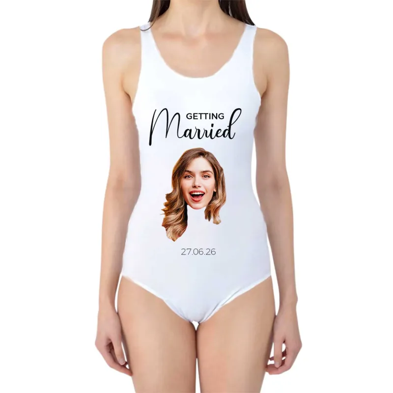 Getting Married Swimsuit Personalised With Face and Date sold by Super Socks