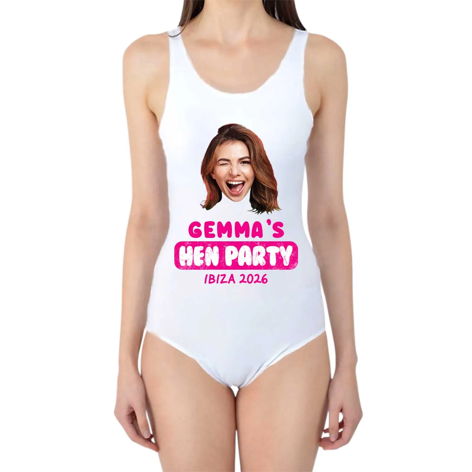 Bride's Hen Party Swimsuit Personalised With Name and Face sold by Super Socks