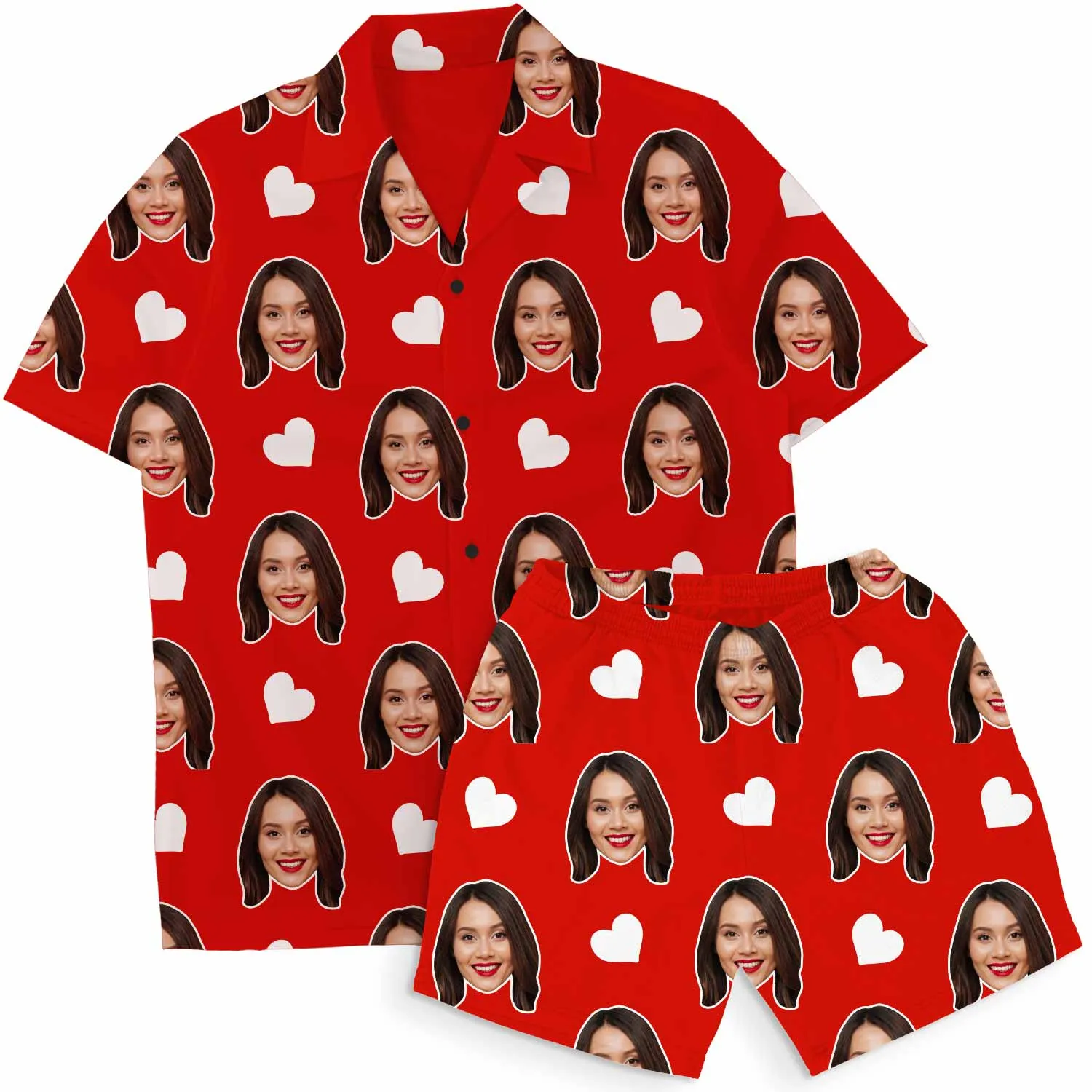 Love Hearts Personalised Red Hawaiian Shirt Shorts Set sold by Super Socks