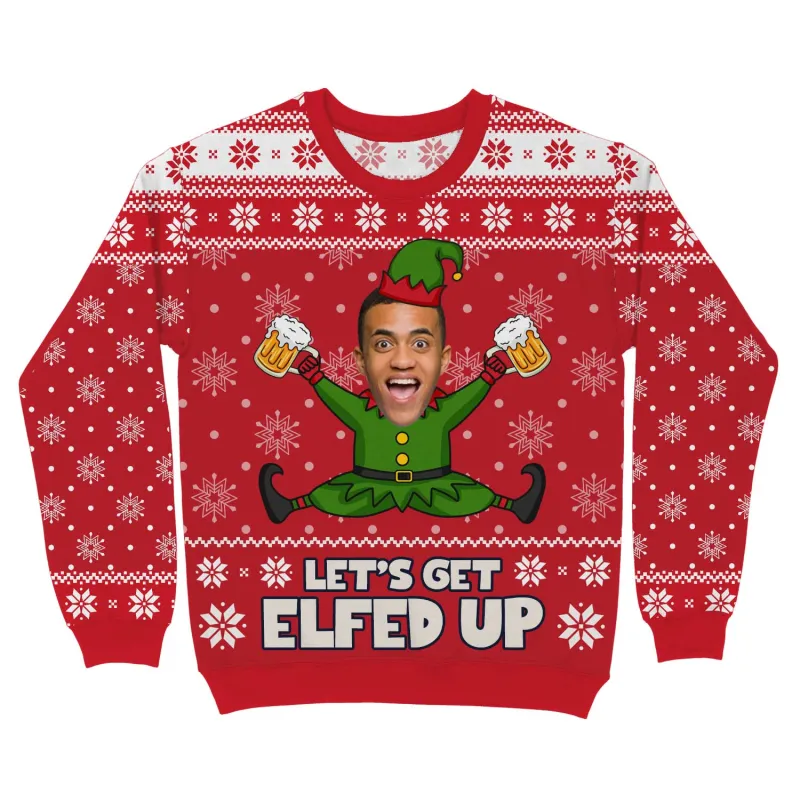 Let’s Get Elfed Up Face Personalised Christmas Jumper sold by Super Socks