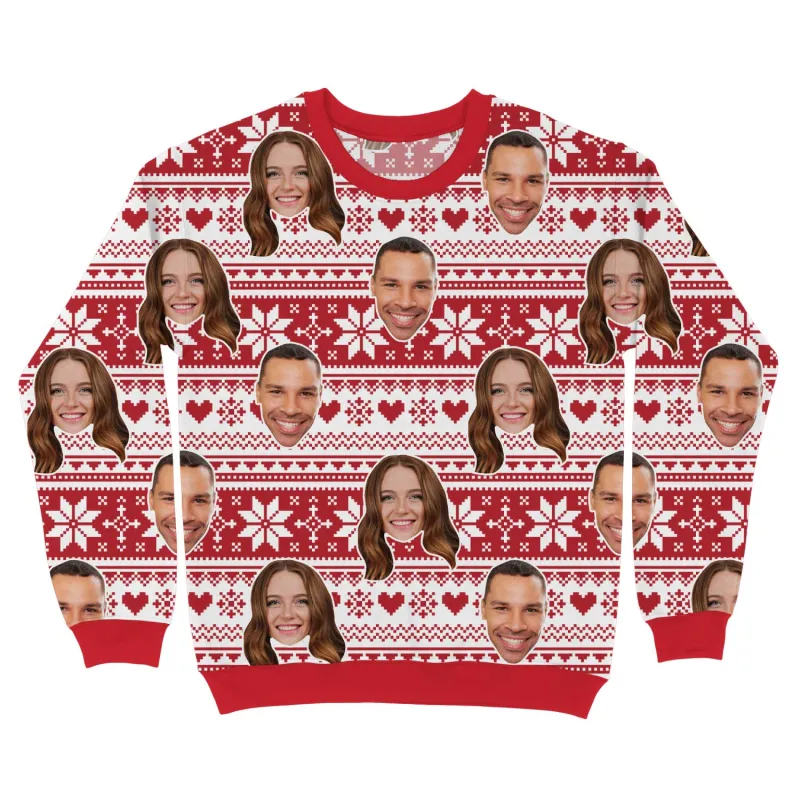 Your Face Red Nordic Snowflakes & Hearts Personalised Christmas Jumper sold by Super Socks