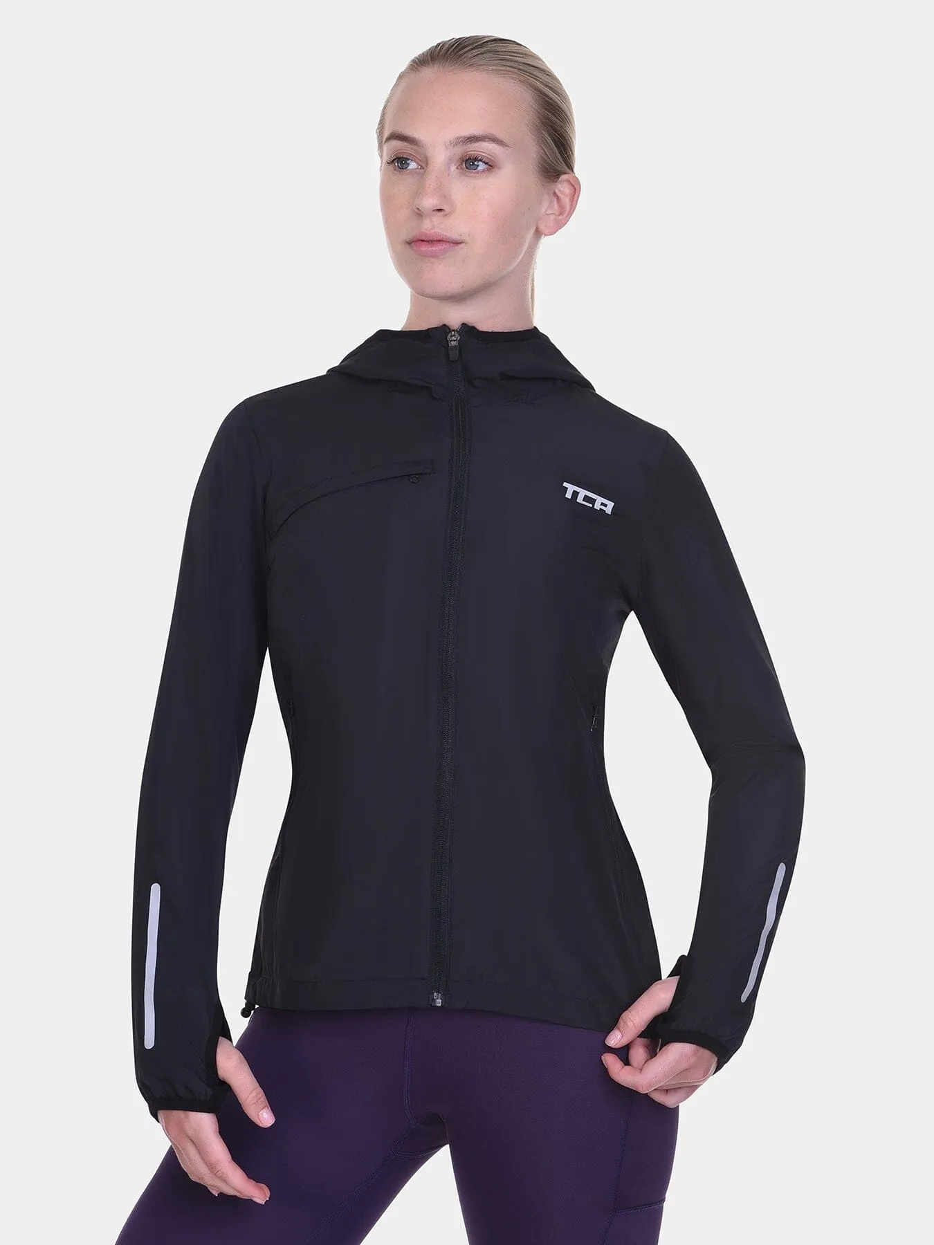 Softshell Packable Running Water Repellant Hooded Jacket For Women With Thumbholes, Reflective Strips & Zip Pockets sold by TCA