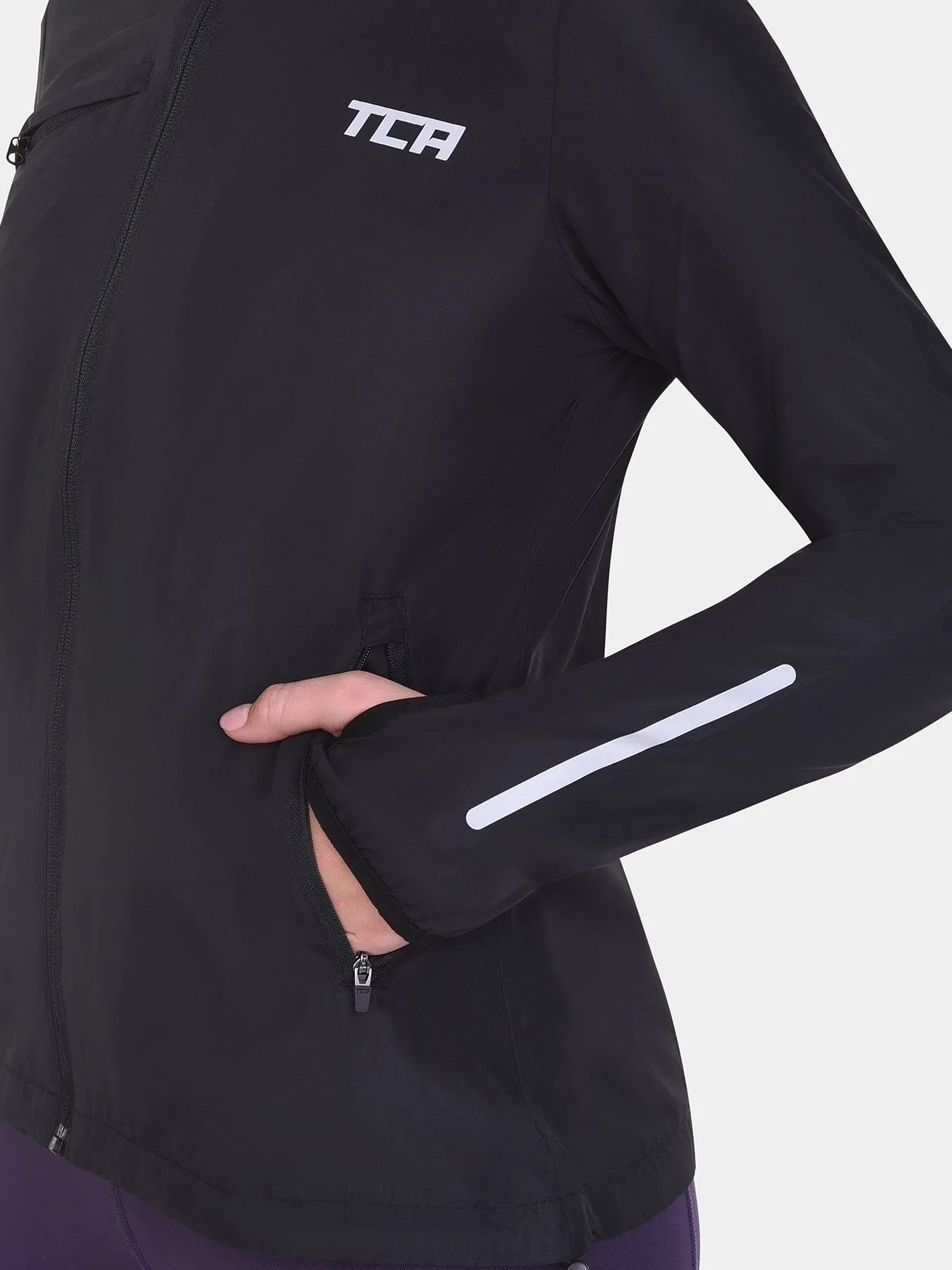 Softshell Packable Running Water Repellant Hooded Jacket For Women With Thumbholes, Reflective Strips & Zip Pockets sold by TCA product image thumbnail 3