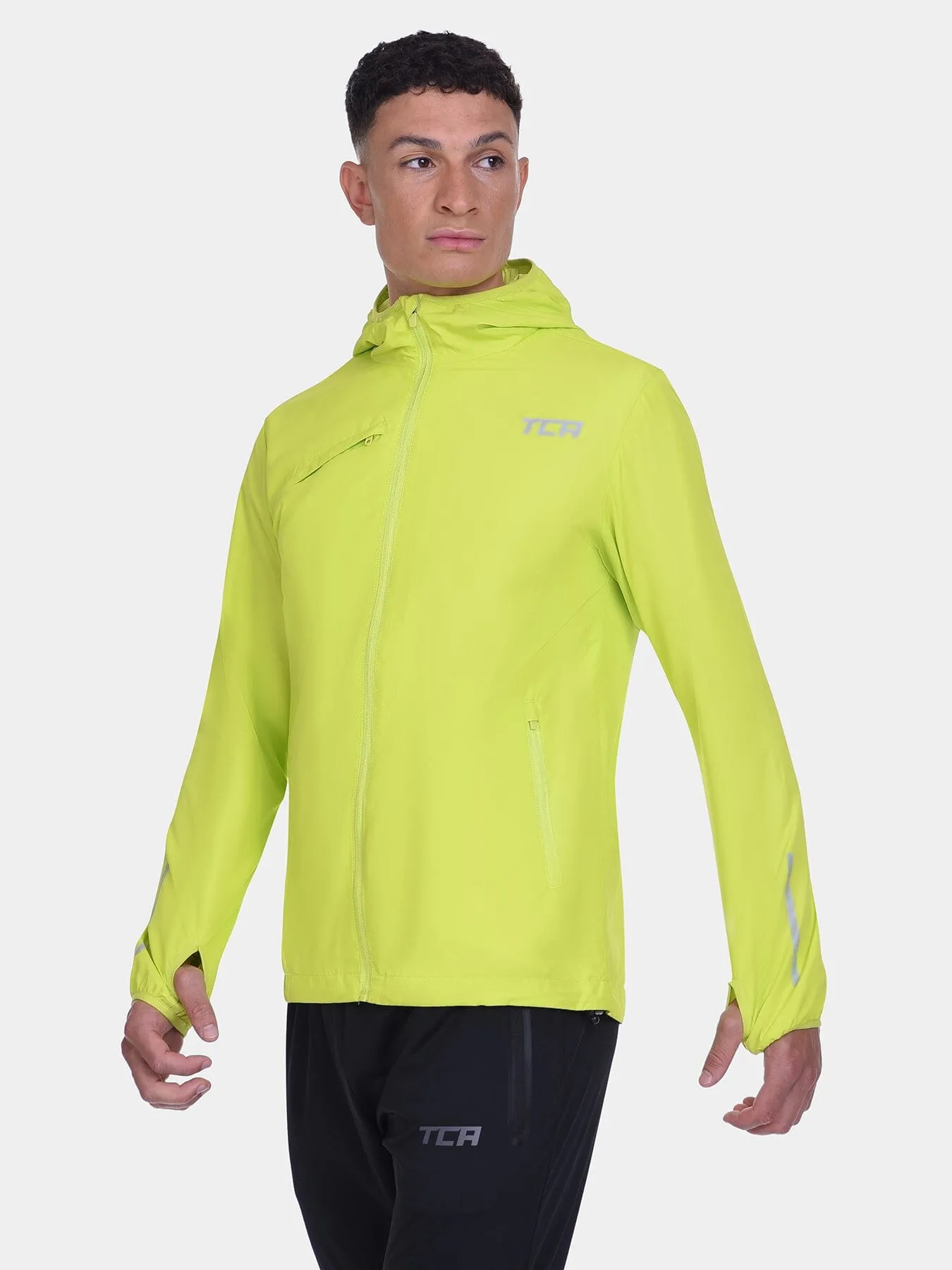 Softshell Packable Running Water Repellant Hooded Jacket For Men With Thumbholes, Reflective Strips & Zip Pockets sold by TCA