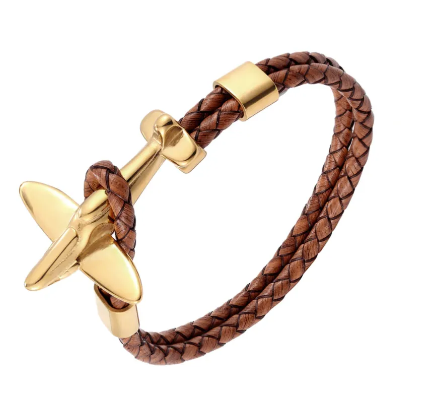 Agoura Hills Leather Rope Chain Airplane Bracelet, Tan / Gold sold by The Dark Knot Limited