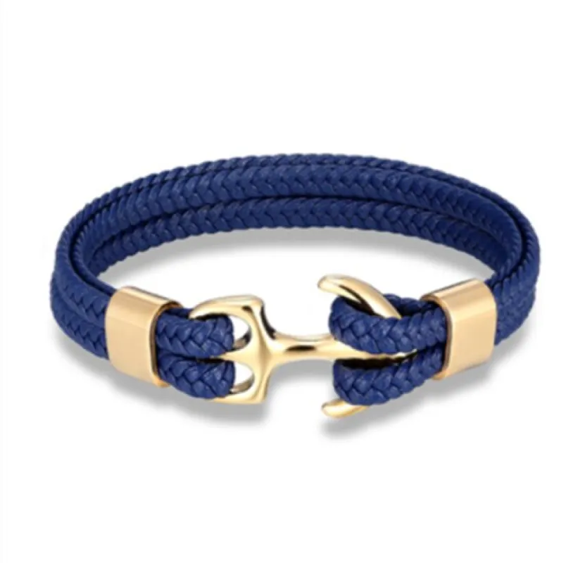 Canyon Lake Leather Rope Chain Anchor Bracelet, Navy / Gold sold by The Dark Knot Limited