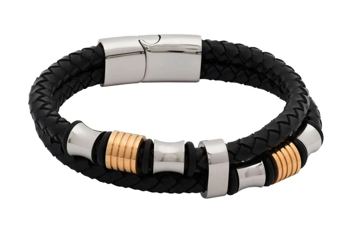 Fullerton Black Leather Silver & Gold Bracelet sold by The Dark Knot Limited