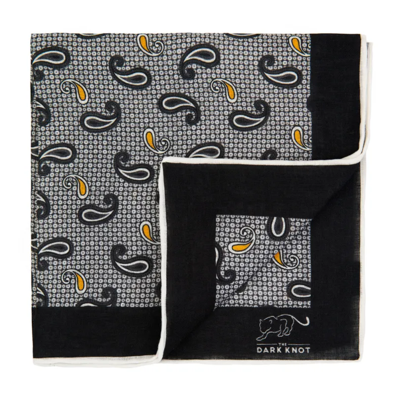 Medway Paisley Linen Pocket Square, Light Grey / Grey / Orange sold by The Dark Knot Limited