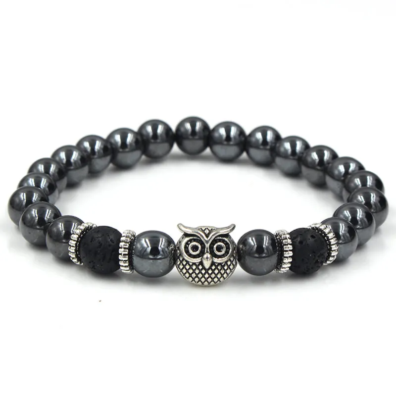 Palmdale Silver Owl Black Hermatite Beaded Bracelet sold by The Dark Knot Limited