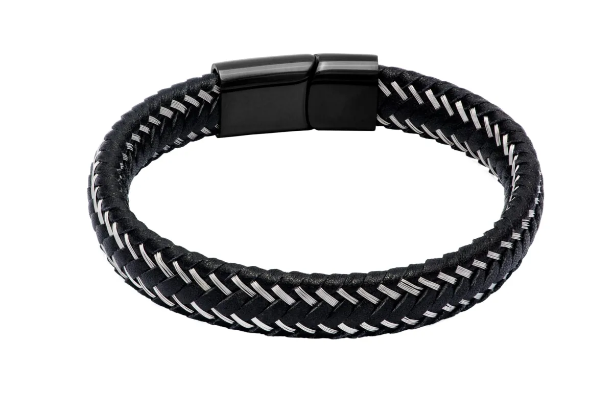 Riverside Black Leather Stainless Steel Bracelet sold by The Dark Knot Limited