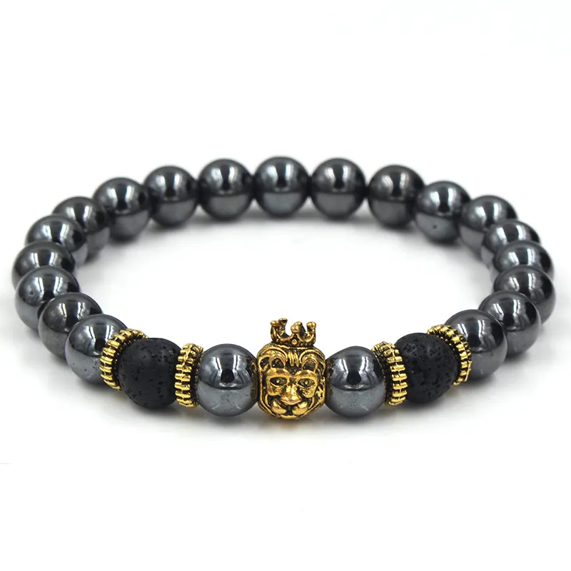 Temecula Crowned Gold Lion Black Hermatite Beaded Bracelet sold by The Dark Knot Limited