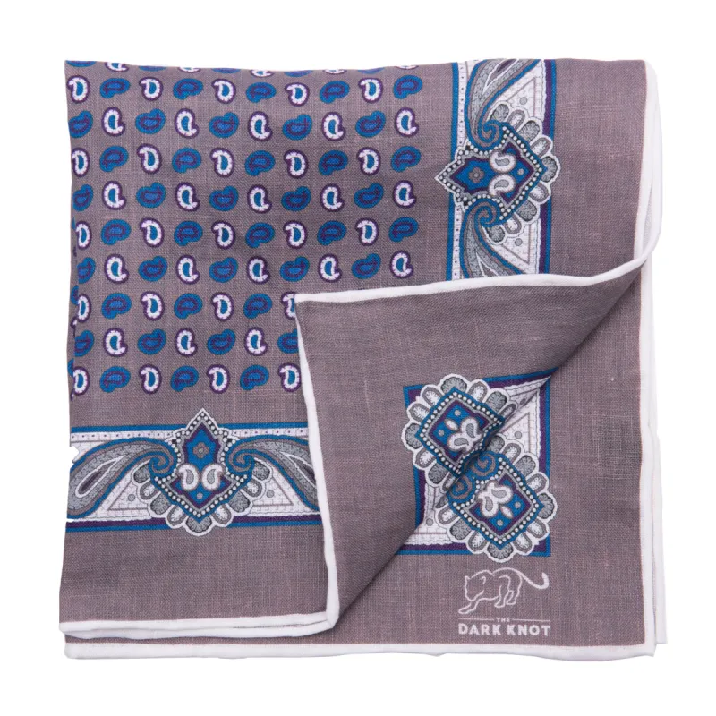 Baldwin Abstract Linen Pocket Square, Grey / White / Blue sold by The Dark Knot Limited