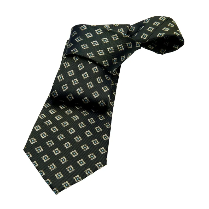 Pembroke Foulard Silk Tie, Olive Green / Turquoise / Silver sold by The Dark Knot Limited