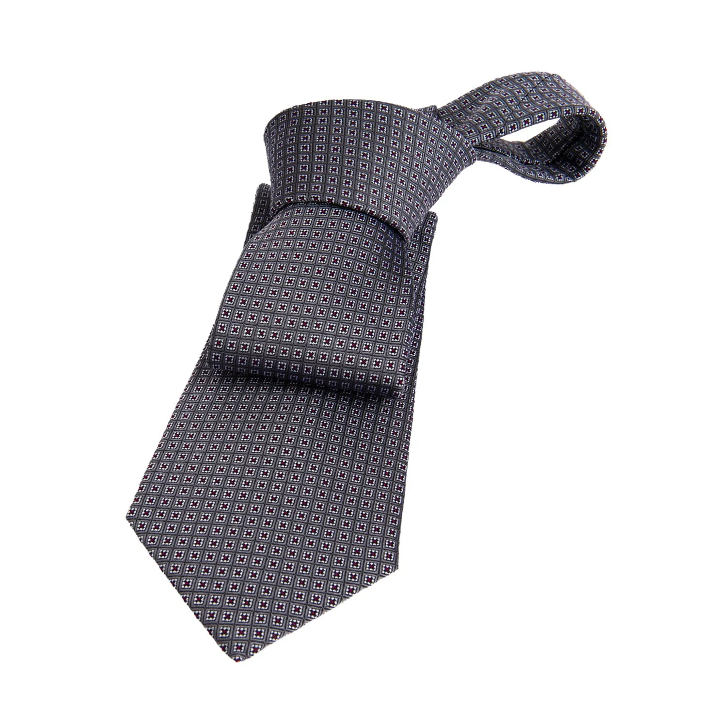 Chelsea Foulard Silk Tie, Grey / Red / Silver sold by The Dark Knot Limited