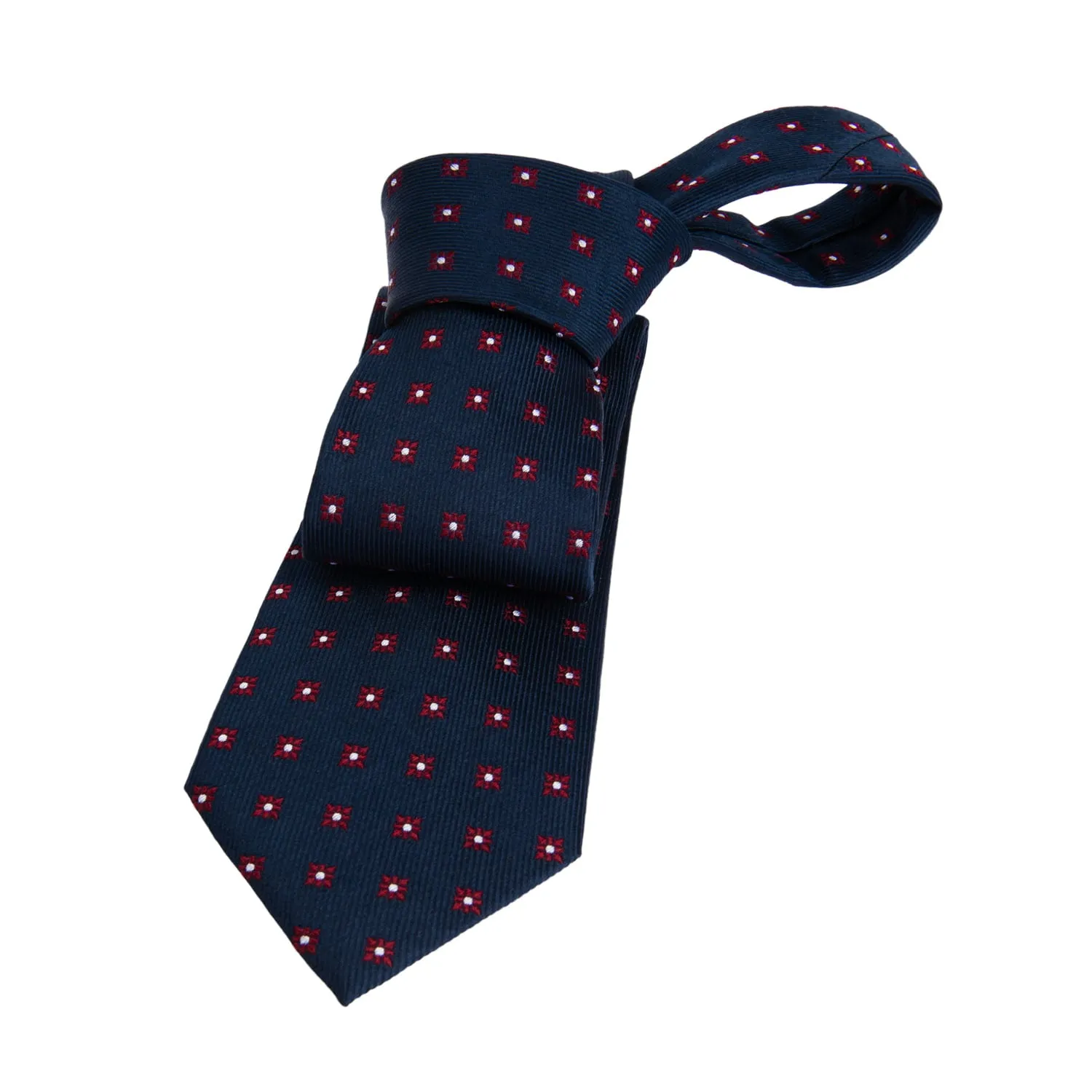 Oakland Foulard Silk Tie, Navy / Red / Silver sold by The Dark Knot Limited