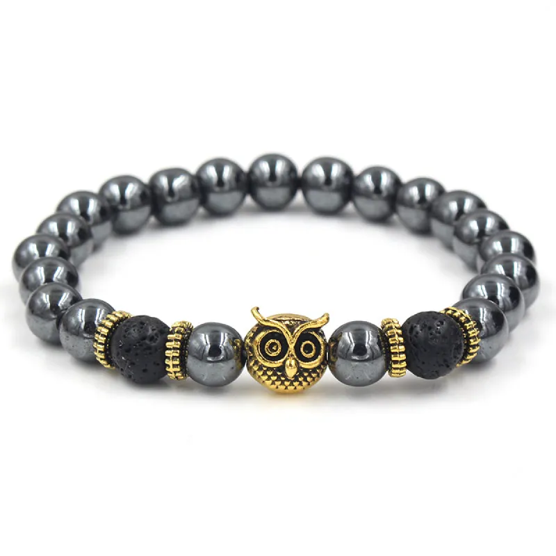 Palmdale Gold Owl Black Hermatite Beaded Bracelet sold by The Dark Knot Limited