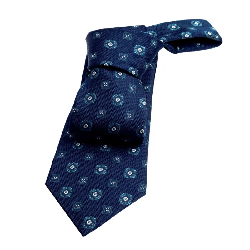 Hunter Foulard Silk Tie, Navy / Turquoise / White sold by The Dark Knot Limited