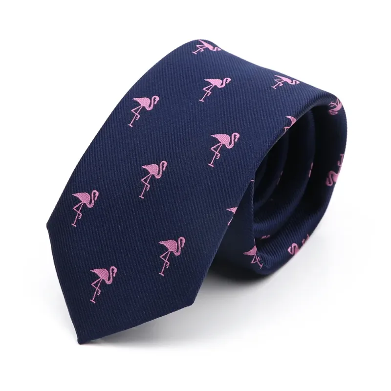 Port Charlotte Flamingos Skinny Polyester Tie, Navy / Pink sold by The Dark Knot Limited