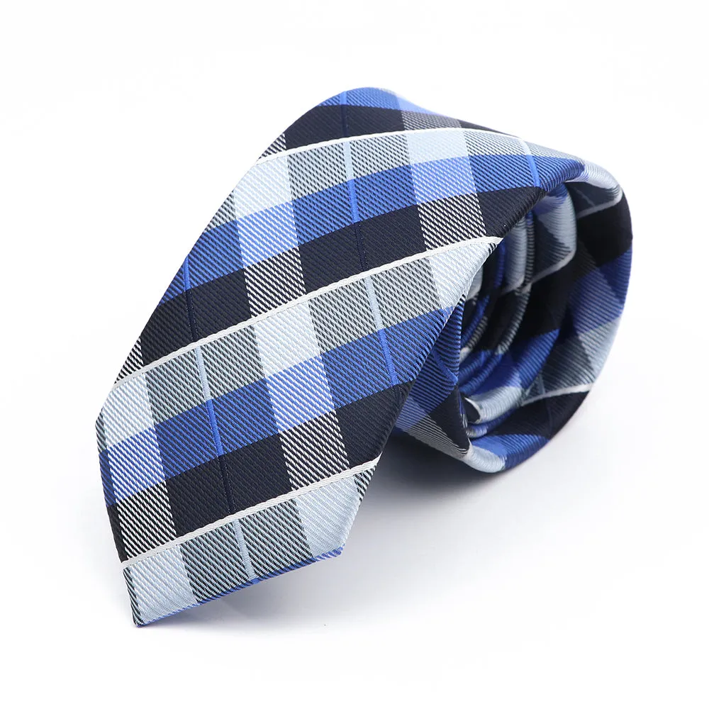 Pensacola Plaid Skinny Polyester Tie, Blue / Black / Grey sold by The Dark Knot Limited