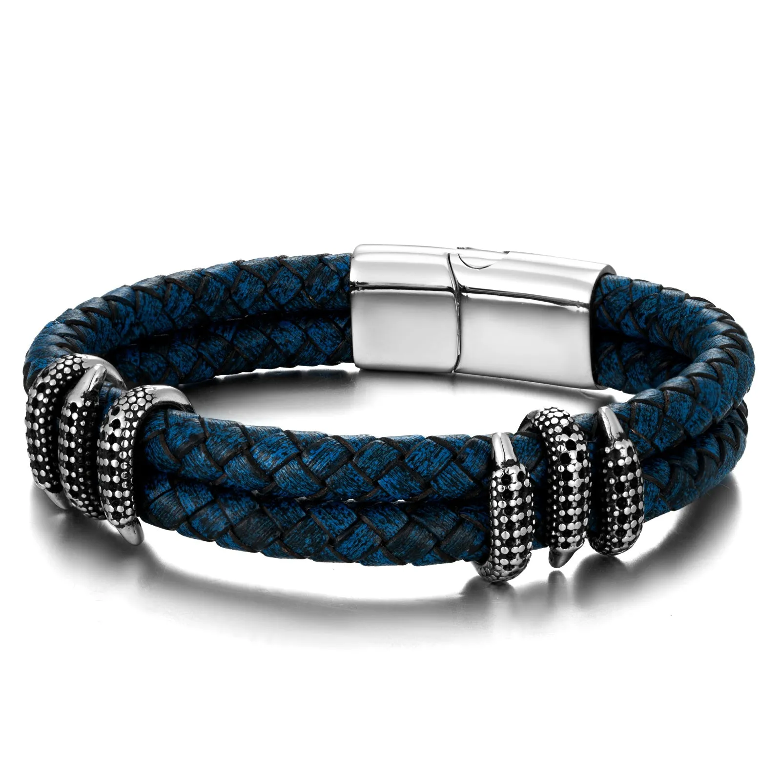 Los Altos Blue Leather Silver Ornament Stainless Steel Bracelet sold by The Dark Knot Limited