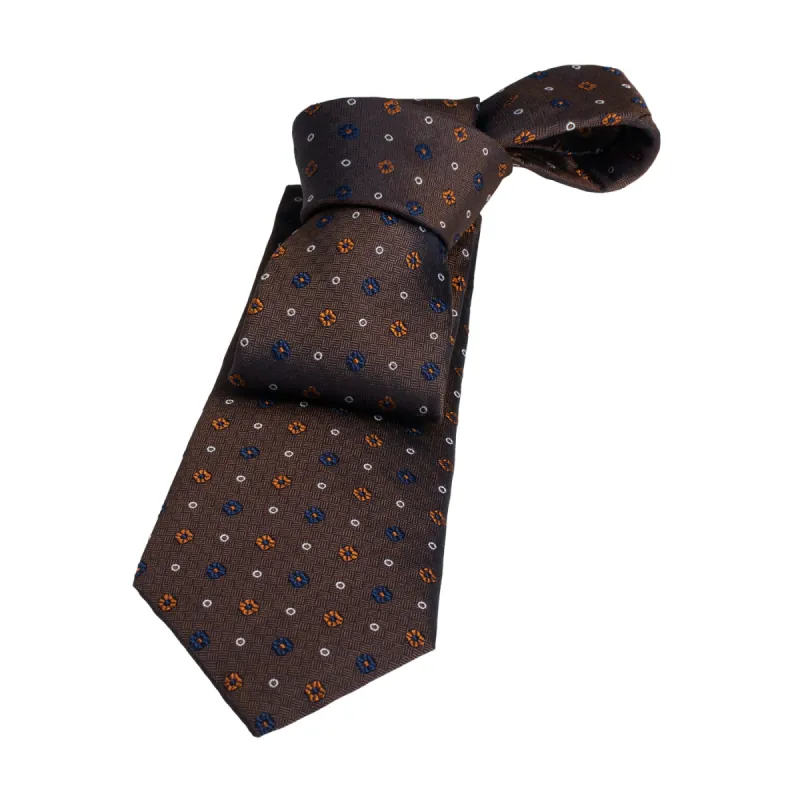 Bennington Foulard Silk Tie, Brown / Navy / Orange sold by The Dark Knot Limited