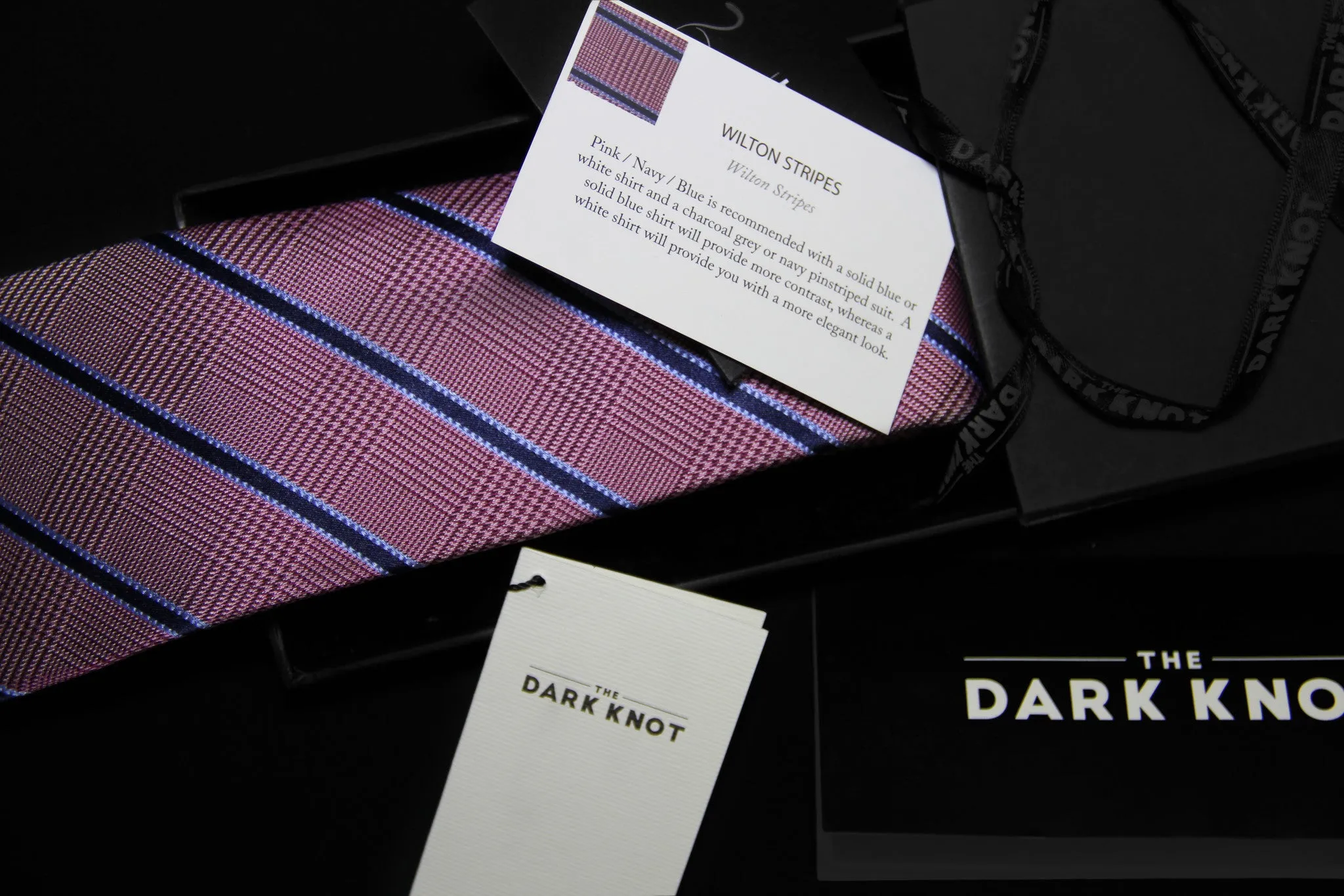 Wilton Stripes Silk Tie, Pinkish Red / Navy sold by The Dark Knot Limited product image thumbnail 5