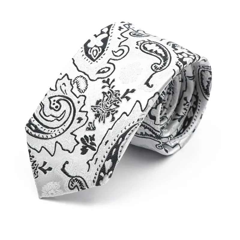 Clearwater Paisley Skinny Polyester Tie, White / Black / Grey sold by The Dark Knot Limited